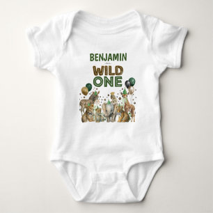 Wild One Boy Verjaardag Oerwoud Safari Feestdieren Romper