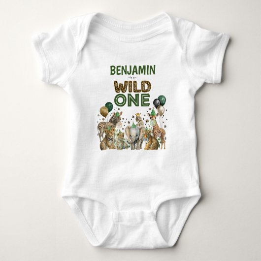 Wild One Boy Verjaardag Oerwoud Safari Feestdieren Romper (Voorkant)