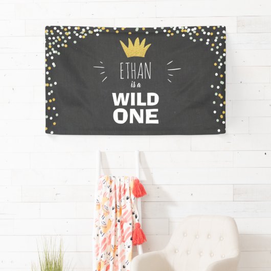 Wild One Boy Verjaardagsbanner Zwart Goud Kroon Spandoek (Insitu)
