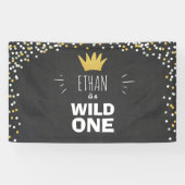 Wild One Boy Verjaardagsbanner Zwart Goud Kroon Spandoek (Horizontaal)