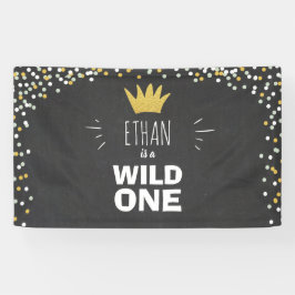 Wild One Boy Verjaardagsbanner Zwart Goud Kroon Spandoek
