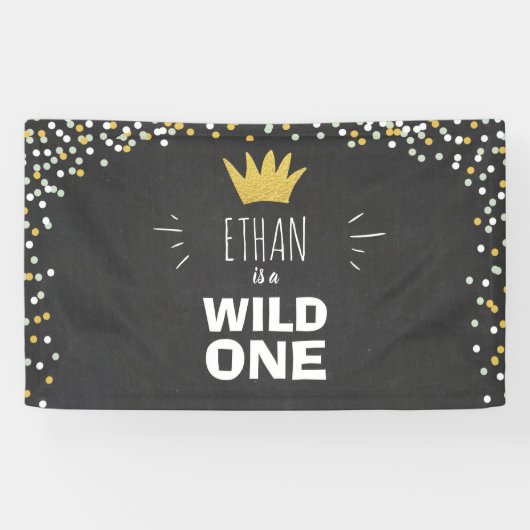 Wild One Boy Verjaardagsbanner Zwart Goud Kroon Spandoek (Horizontaal)