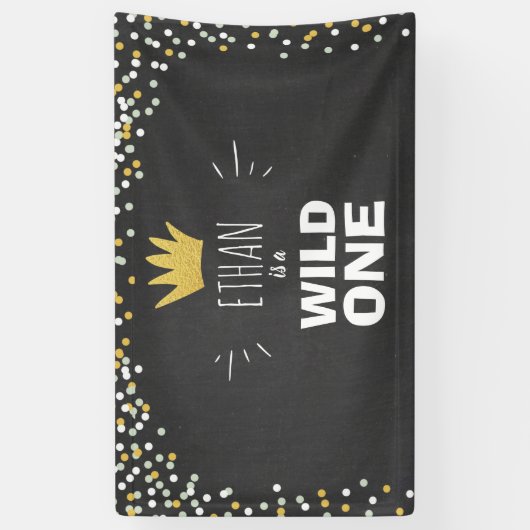 Wild One Boy Verjaardagsbanner Zwart Goud Kroon Spandoek (Verticaal)
