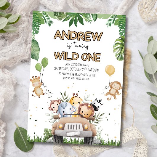 Wild One Boy's 1st Birthday Uitnodigen, Safari Die Kaart
