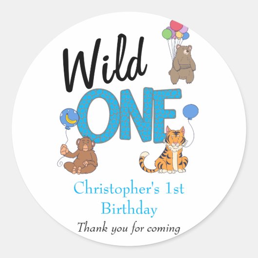 Wild One Boys First Birthday Safari Oerwoud Animal Ronde Sticker (Voorkant)