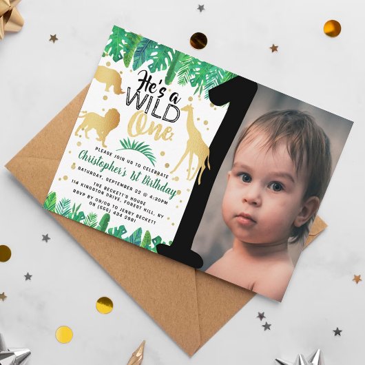 Wild One Boys Foto First Birthday Invitations Kaart