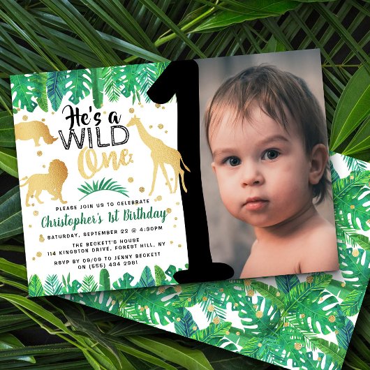 Wild One Boys Foto First Birthday Invitations Kaart