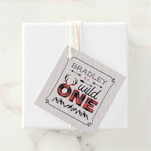 Wild One Boys Rustic Pset Lumberjack 1st Birthday Bedankjes Labels (In situ)