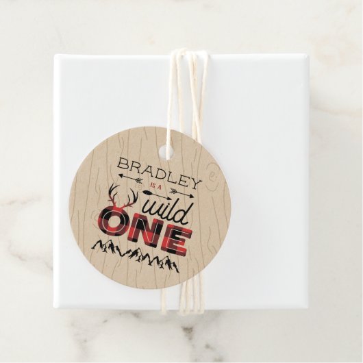 Wild One Boys Rustic Pset Lumberjack 1st Birthday Bedankjes Labels (In situ)