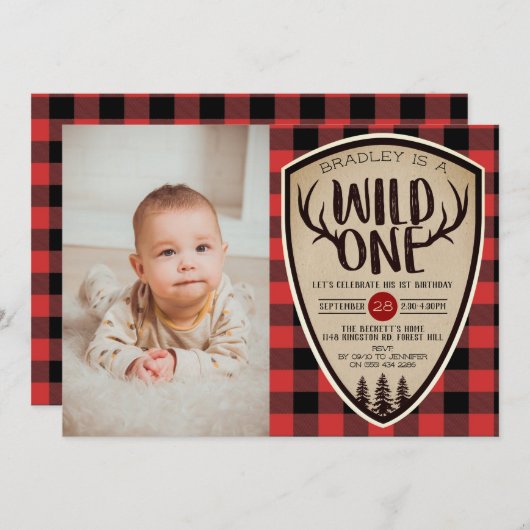 Wild One Boys Rustic Pset Lumberjack 1st Birthday Kaart (Voorkant / Achterkant)