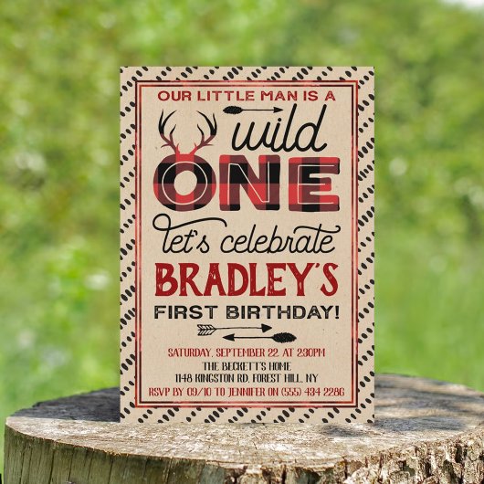 Wild One Boys Rustic Pset Lumberjack 1st Birthday Kaart