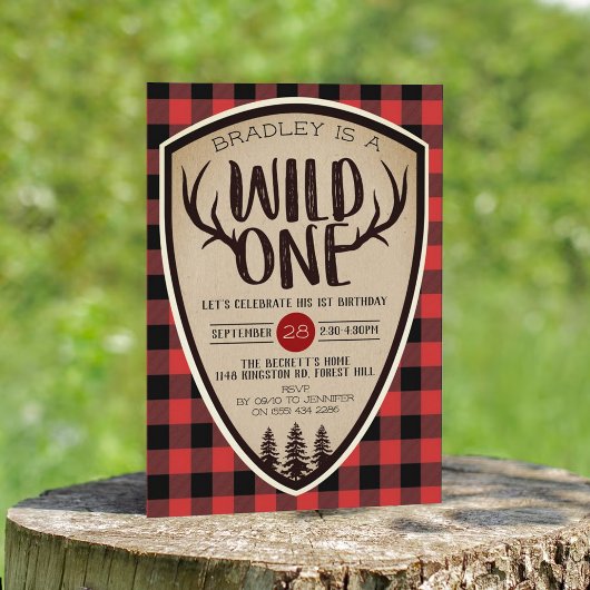 Wild One Boys Rustic Pset Lumberjack 1st Birthday Kaart
