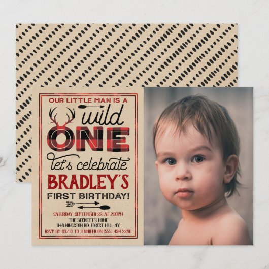 Wild One Boys Rustic Pset Lumberjack 1st Birthday Kaart (Voorkant / Achterkant)