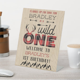 Wild One Boys Rustic Pset Lumberjack 1st Birthday Reclamebord Met Voetstuk