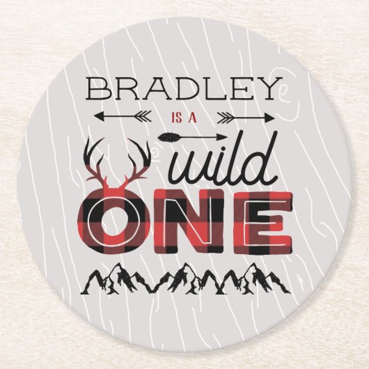 Wild One Boys Rustic Pset Lumberjack 1st Birthday Ronde Kartonnen Onderzetter (Voorkant)