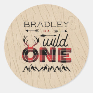 Wild One Boys Rustic Pset Lumberjack 1st Birthday Ronde Sticker