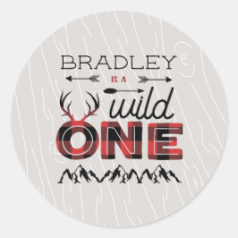 Wild One Boys Rustic Pset Lumberjack 1st Birthday Ronde Sticker