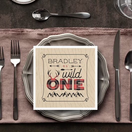 Wild One Boys Rustic Pset Lumberjack 1st Birthday Servet