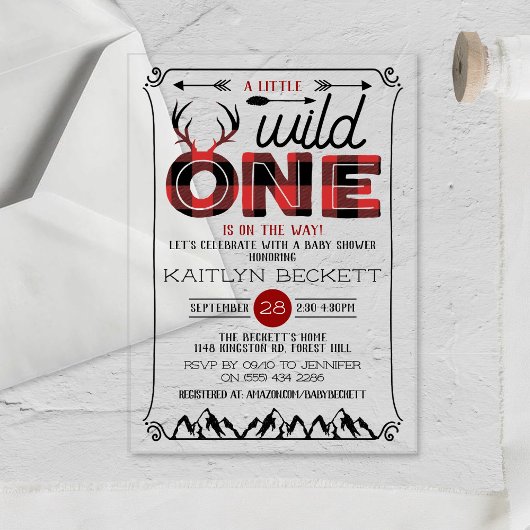 Wild One Boys Rustic Pset Lumberjack Baby shower Acryl Uitnodigingen