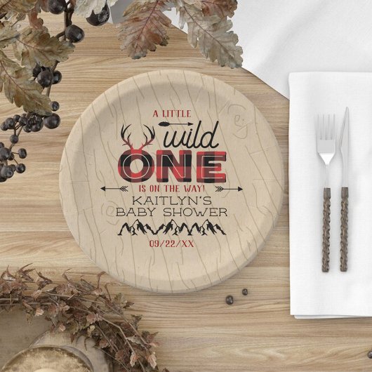 Wild One Boys Rustic Pset Lumberjack Baby shower Papieren Bordje