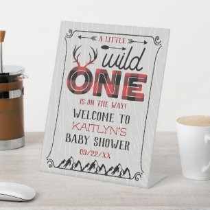 Wild One Boys Rustic Pset Lumberjack Baby shower Reclamebord Met Voetstuk