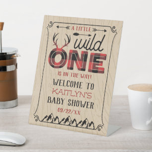 Wild One Boys Rustic Pset Lumberjack Baby shower Reclamebord Met Voetstuk