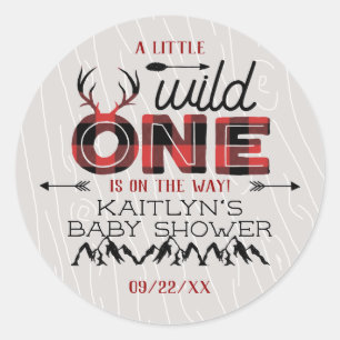 Wild One Boys Rustic Pset Lumberjack Baby shower Ronde Sticker