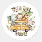 Wild one boys verjaardag safari dieren ronde sticker (Voorkant)