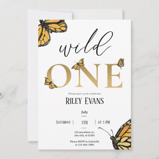 Wild One Butterfly First Birthday Invitation Kaart (Voorkant)