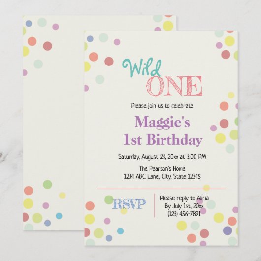 Wild One Colorful 1st Birthday Uitnodiging (Voorkant / Achterkant)