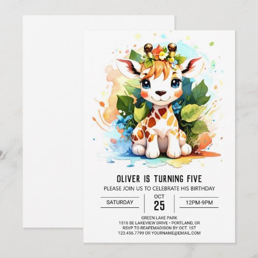 Wild One Custom Giraffe Verjaardagsuitnodiging Kaart (Voorkant / Achterkant)