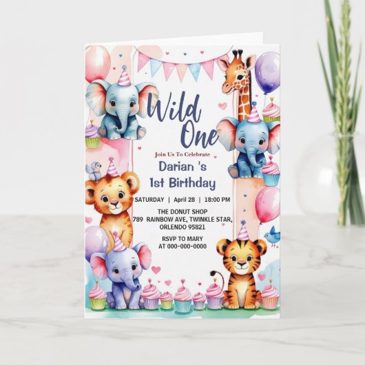 Wild One Cute Animals Ballon cupcake 1e verjaardag (Voorkant)