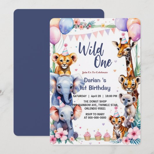 Wild One Cute Animals Ballon cupcake 1e verjaardag Kaart (Voorkant / Achterkant)