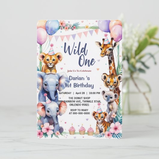 Wild One Cute Animals Ballon cupcake 1e verjaardag Kaart (Staand voorkant)