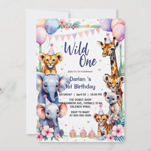 Wild One Cute Animals Ballon cupcake 1e verjaardag Kaart (Voorkant)