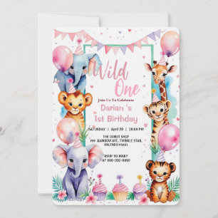 Wild One Cute Animals Ballon cupcake 1e verjaardag Kaart