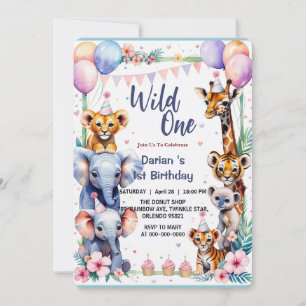 Wild One Cute Animals Ballon cupcake 1e verjaardag Kaart