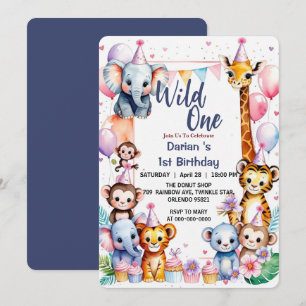 Wild One Cute Animals Balloon Boy 1st Birthday par Kaart