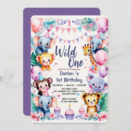 Wild One Cute Animals Balloon cupcake 1st Birthday Kaart (Voorkant / Achterkant)