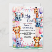 Wild One Cute Animals Balloon cupcake 1st Birthday Kaart (Voorkant)
