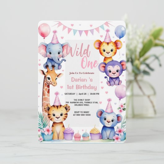 Wild One Cute Animals Balloon cupcake 1st Birthday Kaart (Staand voorkant)