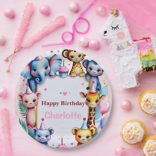 Wild One Cute Animals Balloon girls Birthday Papieren Bordje (Feest)