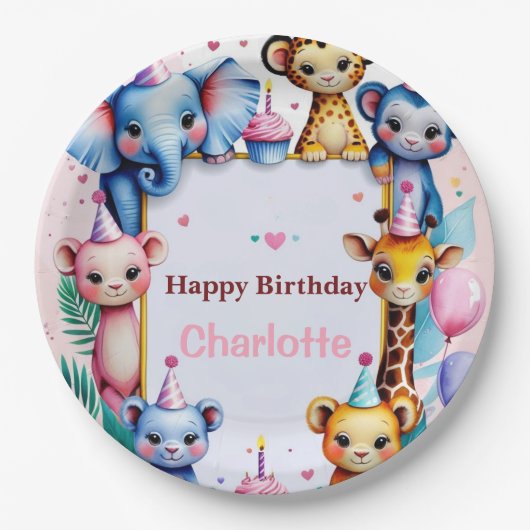 Wild One Cute Animals Balloon girls Birthday Papieren Bordje (Voorkant)