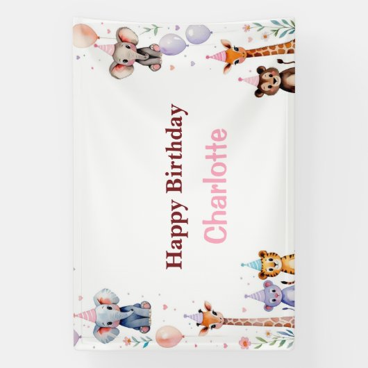Wild One Cute Animals Balloon girls Birthday Spandoek (Verticaal)