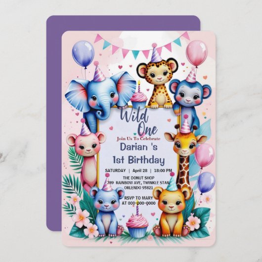 Wild One Cute Animals Balloon kinder 1e Verjaardag Kaart (Voorkant / Achterkant)