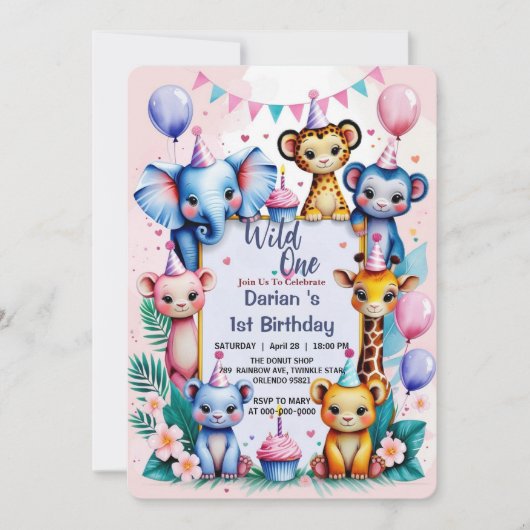 Wild One Cute Animals Balloon kinder 1e Verjaardag Kaart (Voorkant)