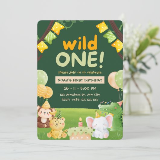 Wild One Cute Animals Verjaardagsfeestje Uitnodigi Kaart (Staand voorkant)