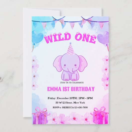 Wild One Cute Elephant 1st Birthday Invitation Kaart (Voorkant)