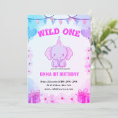 Wild One Cute Elephant 1st Birthday Invitation Kaart (Staand voorkant)
