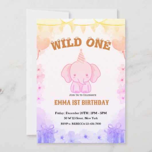 Wild One Cute Elephant 1st Birthday Invitation Kaart (Voorkant)